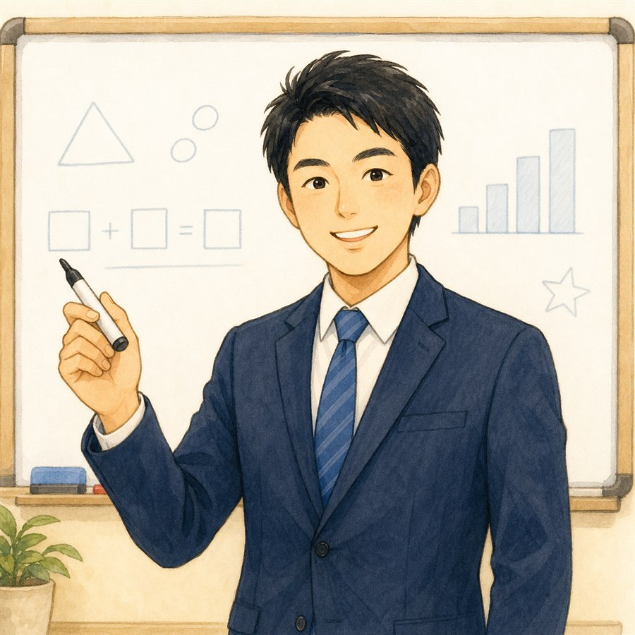 ホワイトボードの前に立つ男性講師のイラスト